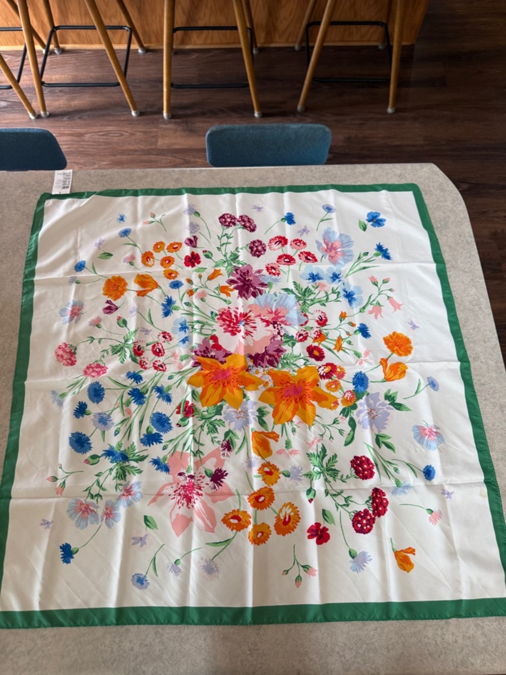 H&M White Floral Scarf with Green Border and Multicolor Blooms